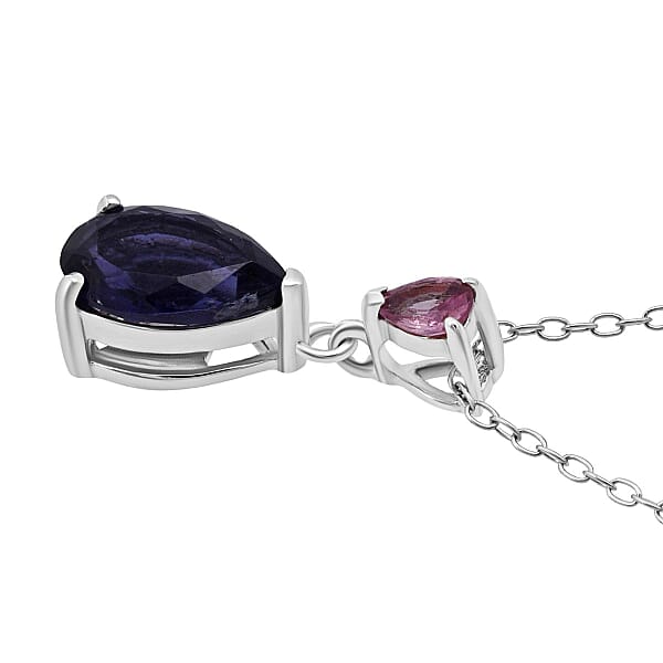 D'Joy Catalina Iolite And Pink Sapphire 1.15 Ctw Pendant Necklace In Rhodium Over Sterling Silver 20 Inches