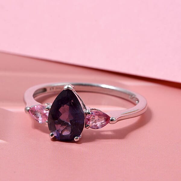 D'Joy Catalina Iolite And Pink Sapphire 1.30 Ctw Ring In Rhodium Over Sterling Silver