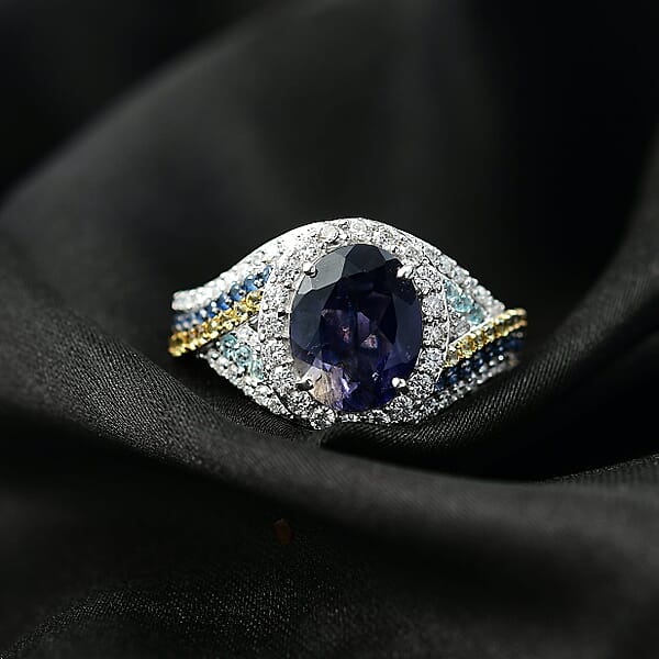 D'Joy Catalina Iolite Multi Gemstones Regalia Ring In Rhodium Over Sterling Silver 3.60 Ctw