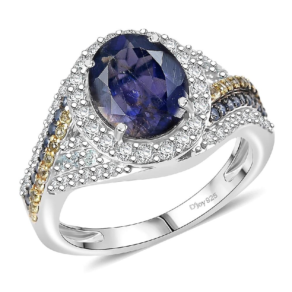 D'Joy Catalina Iolite Multi Gemstones Regalia Ring in Rhodium Over Sterling Silver 3.60 ctw