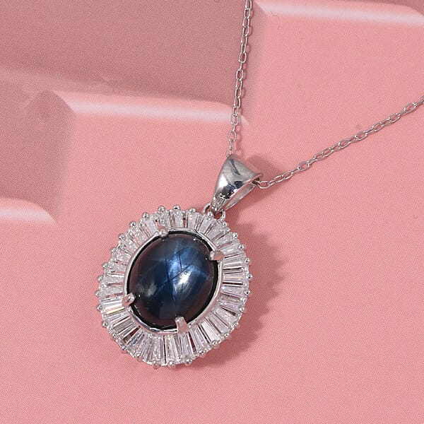 D'Joy Celestial Crown Blue Star Sapphire (DF) And Moissanite 7.50 Ctw Celestial Crown Pendant Necklace In Rhodium Over Sterling Silver 20 Inches
