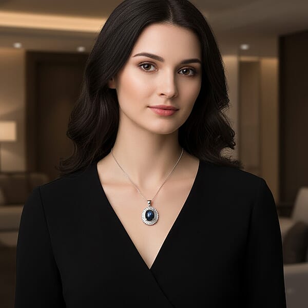 D'Joy Celestial Crown Blue Star Sapphire (DF) And Moissanite 7.50 Ctw Celestial Crown Pendant Necklace In Rhodium Over Sterling Silver 20 Inches