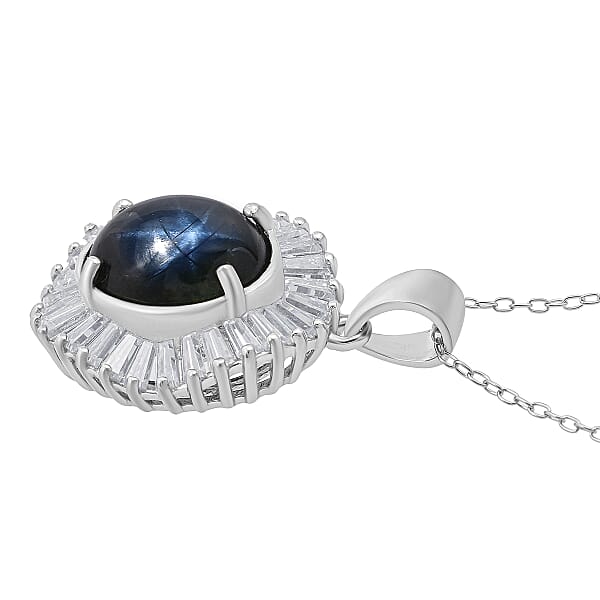 D'Joy Celestial Crown Blue Star Sapphire (DF) And Moissanite 7.50 Ctw Celestial Crown Pendant Necklace In Rhodium Over Sterling Silver 20 Inches