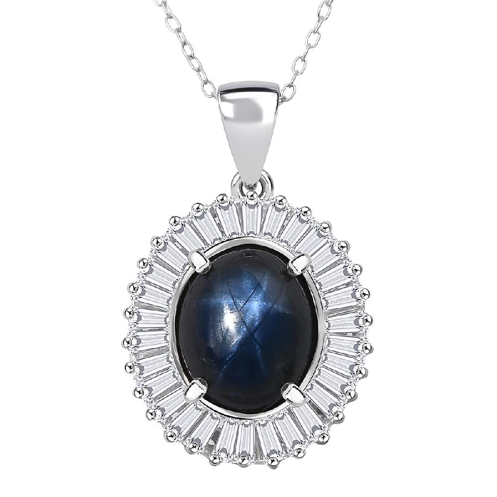 D'Joy Celestial Crown Blue Star Sapphire (DF) and Moissanite 7.50 ctw Celestial Crown Pendant Necklace in Rhodium Over Sterling Silver 20 Inches