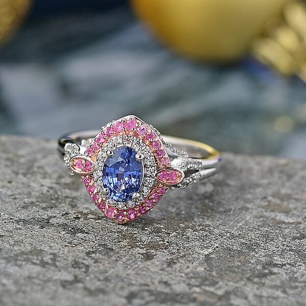 D'Joy Ceylon Blue Sapphire And Multi Gemstone 1.80 Ctw Celestial Halo Ring In Rhodium Over Sterling Silver