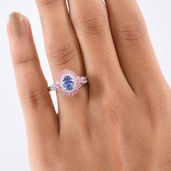 D'Joy Ceylon Blue Sapphire And Multi Gemstone 1.80 Ctw Celestial Halo Ring In Rhodium Over Sterling Silver