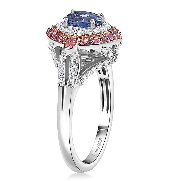 D'Joy Ceylon Blue Sapphire And Multi Gemstone 1.80 Ctw Celestial Halo Ring In Rhodium Over Sterling Silver