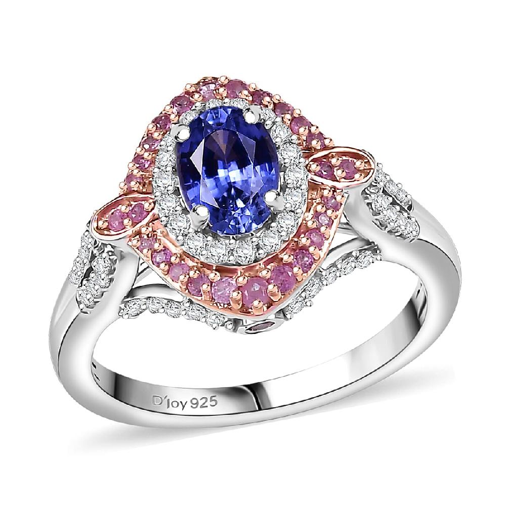 D'Joy Ceylon Blue Sapphire and Multi Gemstone 1.80 ctw Celestial Halo Ring in Rhodium Over Sterling Silver