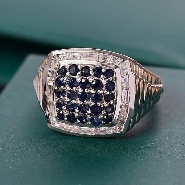 D'Joy Ceylon Blue Sapphire And White Zircon 2.25 Ctw Men's Ring In Rhodium Over Sterling Silver