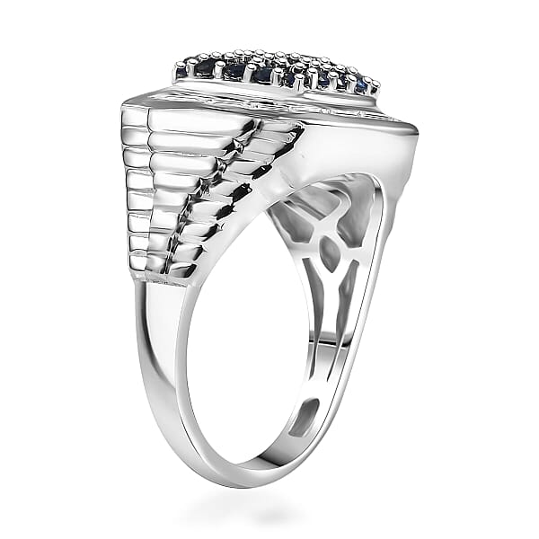 D'Joy Ceylon Blue Sapphire And White Zircon 2.25 Ctw Men's Ring In Rhodium Over Sterling Silver