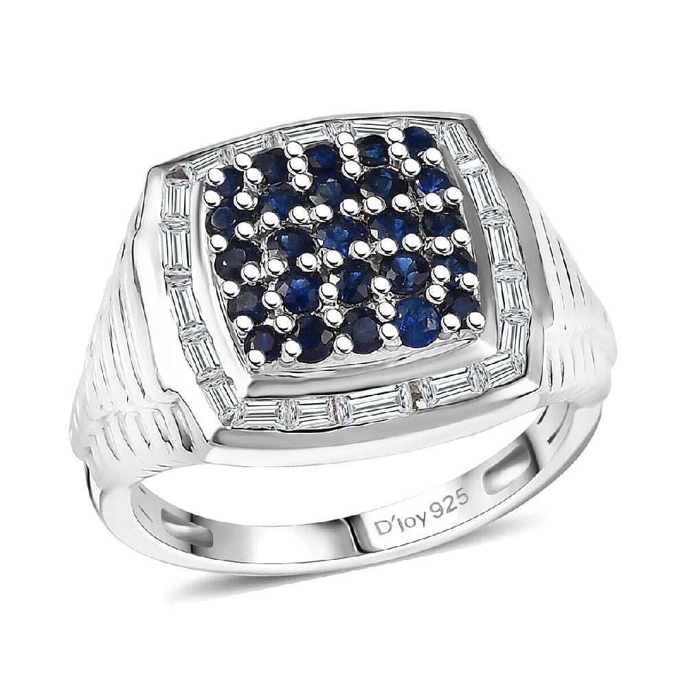 D'Joy Ceylon Blue Sapphire and White Zircon 2.25 ctw Men's Ring in Rhodium Over Sterling Silver