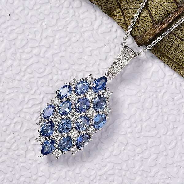D'Joy Ceylon Blue Sapphire And White Zircon 4.15 Ctw Pendant Necklace In Rhodium Over Sterling Silver 20 Inches