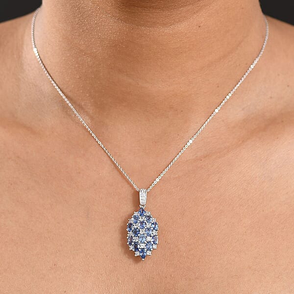D'Joy Ceylon Blue Sapphire And White Zircon 4.15 Ctw Pendant Necklace In Rhodium Over Sterling Silver 20 Inches