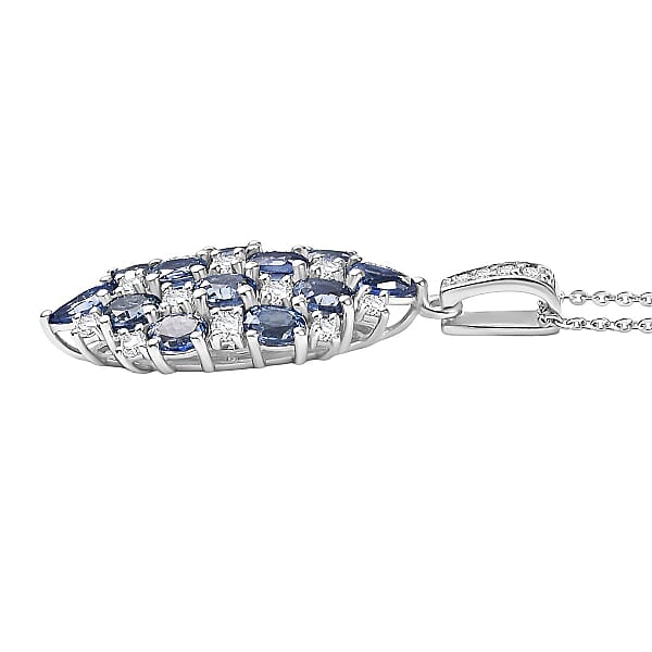 D'Joy Ceylon Blue Sapphire And White Zircon 4.15 Ctw Pendant Necklace In Rhodium Over Sterling Silver 20 Inches