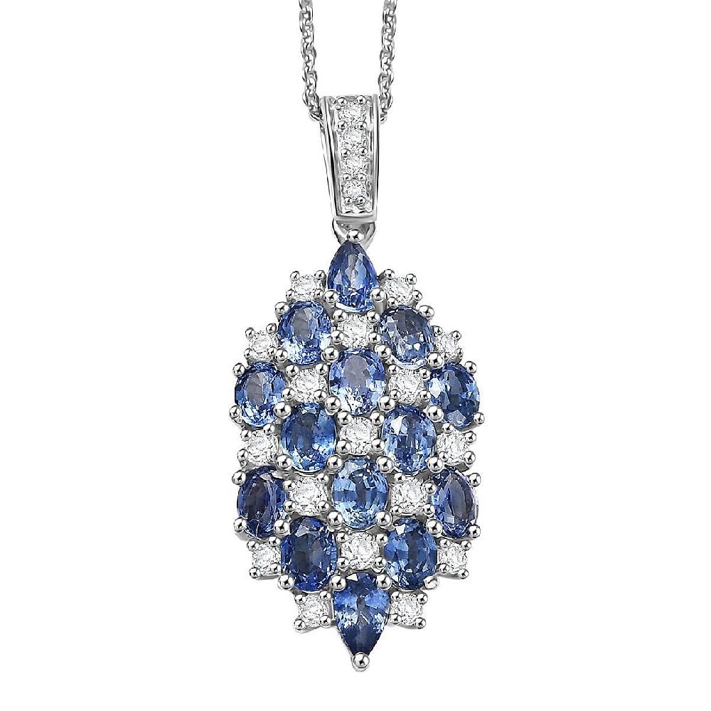 D'Joy Ceylon Blue Sapphire and White Zircon 4.15 ctw Pendant Necklace in Rhodium Over Sterling Silver 20 Inches