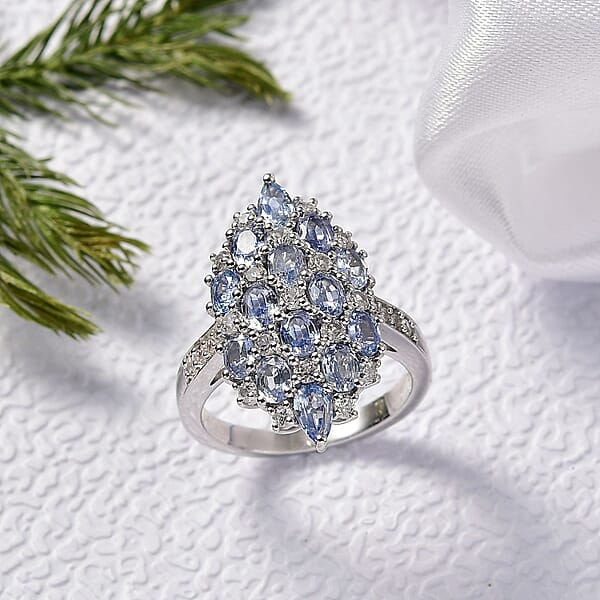 D'Joy Ceylon Blue Sapphire And White Zircon 4.25 Ctw Ring In Rhodium Over Sterling Silver