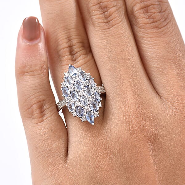 D'Joy Ceylon Blue Sapphire And White Zircon 4.25 Ctw Ring In Rhodium Over Sterling Silver