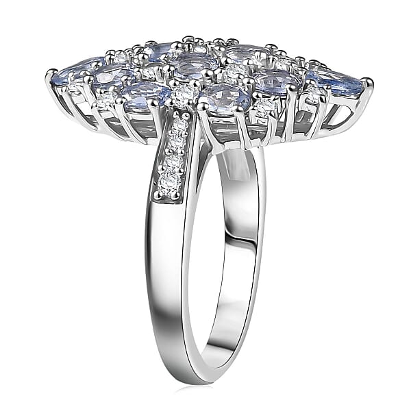 D'Joy Ceylon Blue Sapphire And White Zircon 4.25 Ctw Ring In Rhodium Over Sterling Silver