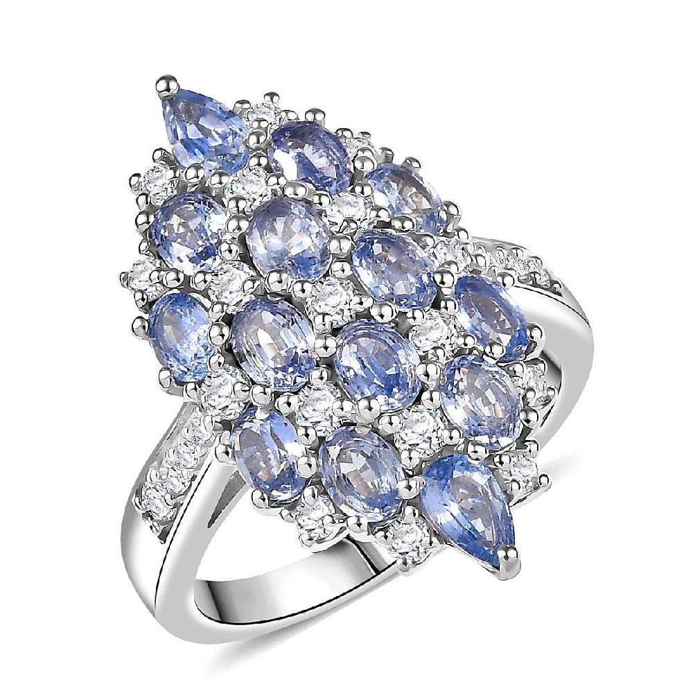 D'Joy Ceylon Blue Sapphire and White Zircon 4.25 ctw Ring in Rhodium Over Sterling Silver