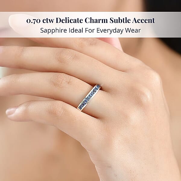 D'Joy Ceylon Blue Sapphire Half Eternity Band Ring In Rhodium Over Sterling Silver 0.70 Ctw