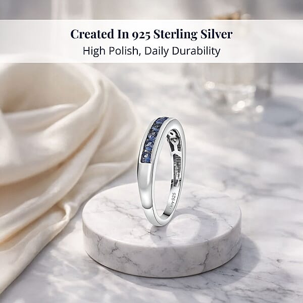 D'Joy Ceylon Blue Sapphire Half Eternity Band Ring In Rhodium Over Sterling Silver 0.70 Ctw