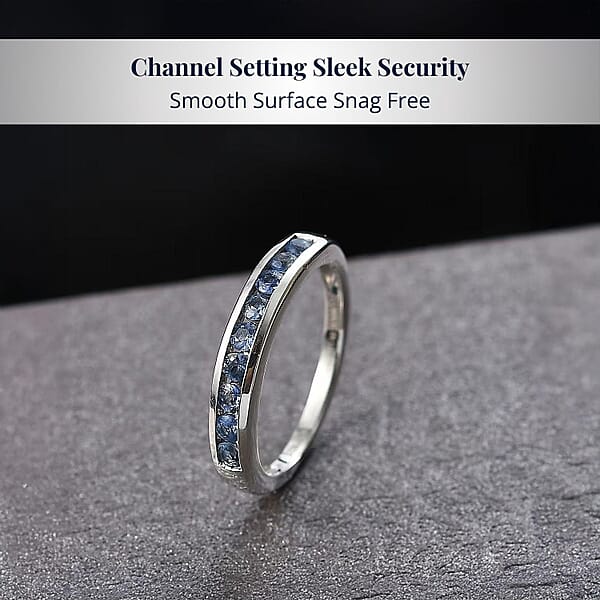 D'Joy Ceylon Blue Sapphire Half Eternity Band Ring In Rhodium Over Sterling Silver 0.70 Ctw