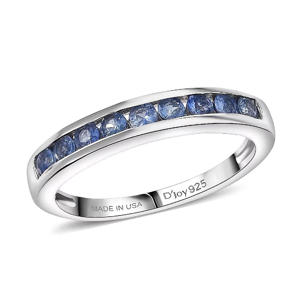 D'Joy Ceylon Blue Sapphire Half Eternity Band Ring in Rhodium Over Sterling Silver 0.70 ctw