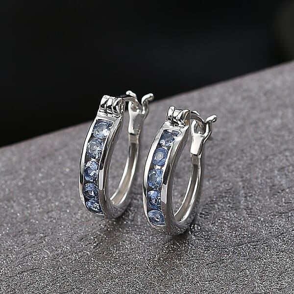 D'Joy Ceylon Blue Sapphire Hoop Earrings In Rhodium Over Sterling Silver 0.75 Ctw