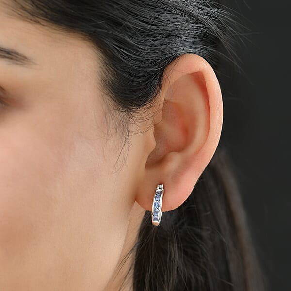 D'Joy Ceylon Blue Sapphire Hoop Earrings In Rhodium Over Sterling Silver 0.75 Ctw