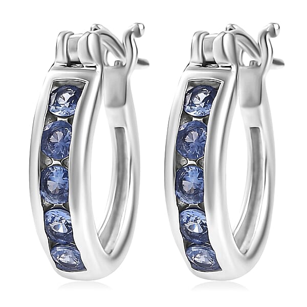 D'Joy Ceylon Blue Sapphire Hoop Earrings In Rhodium Over Sterling Silver 0.75 Ctw