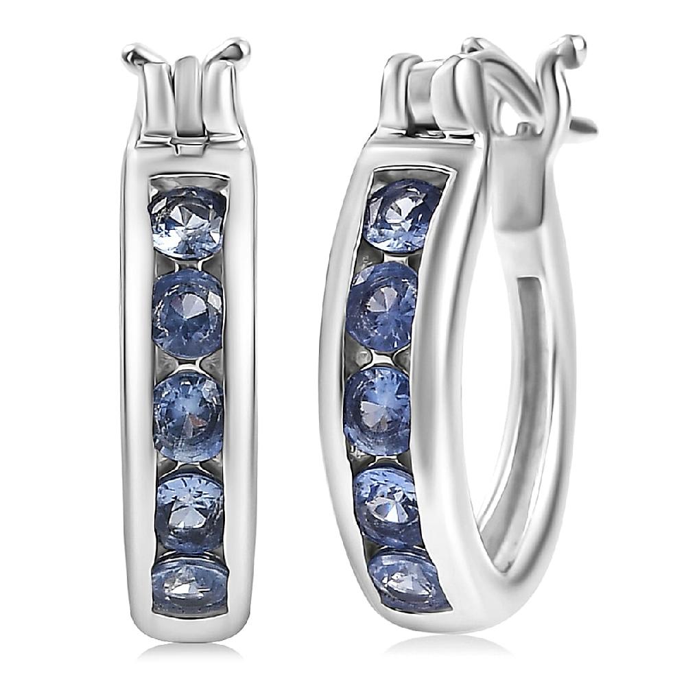 D'Joy Ceylon Blue Sapphire Hoop Earrings in Rhodium Over Sterling Silver 0.75 ctw