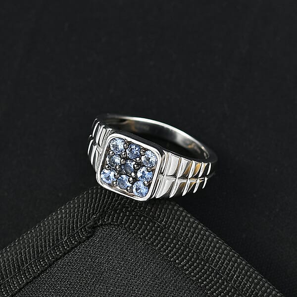 D'Joy Ceylon Blue Sapphire Men's Ring In Rhodium Over Sterling Silver 1.15 Ctw
