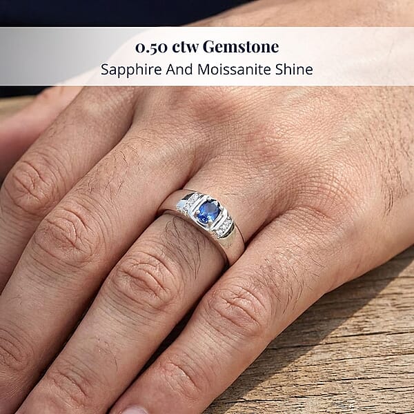 D'Joy Ceylon Blue Sapphire Moissanite Men's Ring In Rhodium Over Sterling Silver 0.50 Ctw