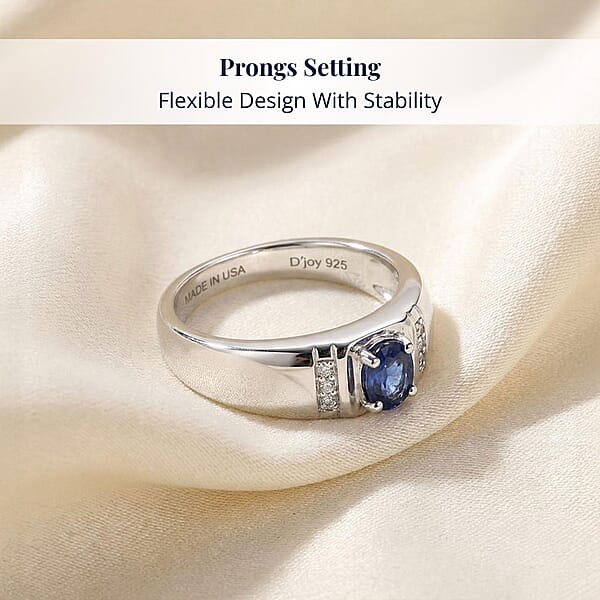 D'Joy Ceylon Blue Sapphire Moissanite Men's Ring In Rhodium Over Sterling Silver 0.50 Ctw