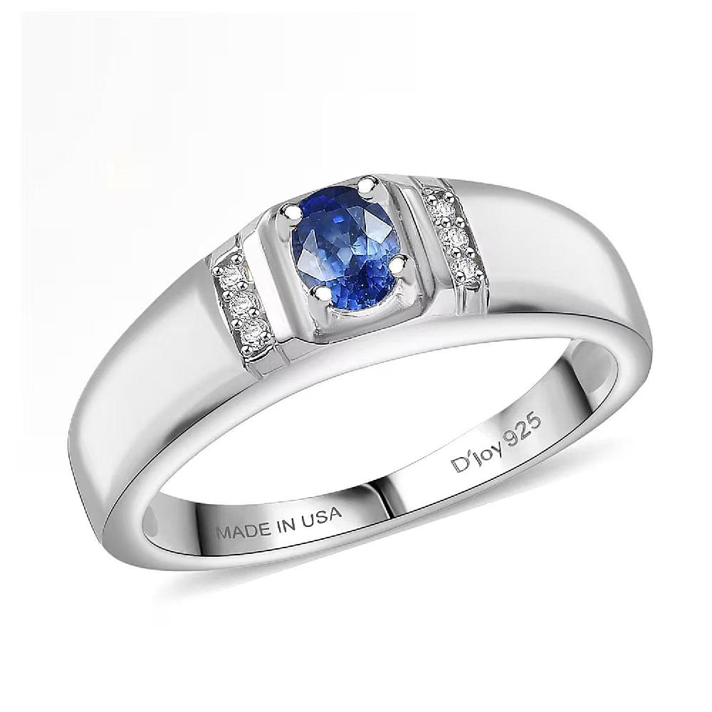 D'Joy Ceylon Blue Sapphire Moissanite Men's Ring in Rhodium Over Sterling Silver 0.50 ctw