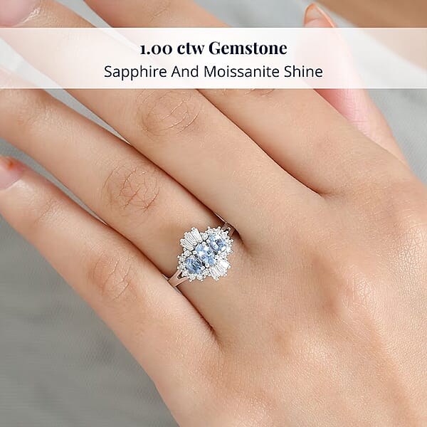 D'Joy Ceylon Blue Sapphire Moissanite Ring In Rhodium Over Sterling Silver 1.00 Ctw