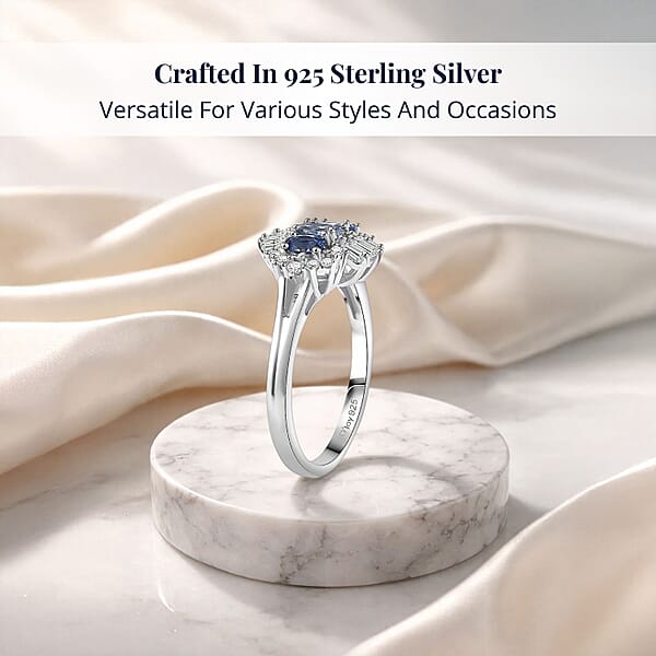 D'Joy Ceylon Blue Sapphire Moissanite Ring In Rhodium Over Sterling Silver 1.00 Ctw