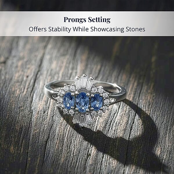 D'Joy Ceylon Blue Sapphire Moissanite Ring In Rhodium Over Sterling Silver 1.00 Ctw