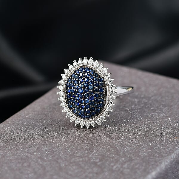 D'Joy Ceylon Blue Sapphire Moissanite Ring In Rhodium Over Sterling Silver 1.85 Ctw