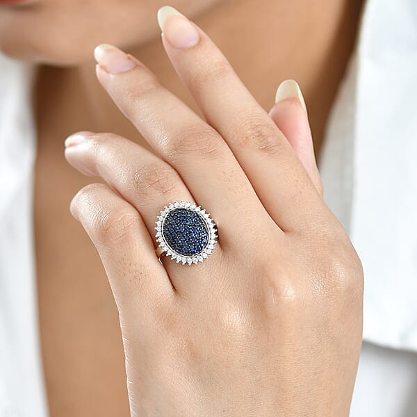 D'Joy Ceylon Blue Sapphire Moissanite Ring In Rhodium Over Sterling Silver 1.85 Ctw