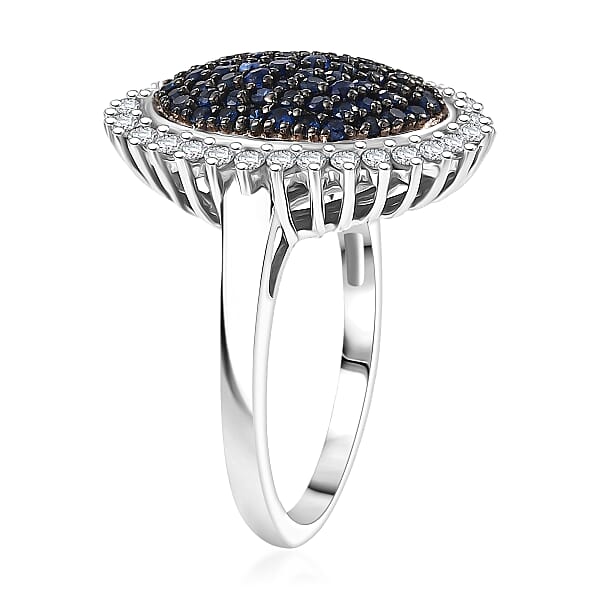 D'Joy Ceylon Blue Sapphire Moissanite Ring In Rhodium Over Sterling Silver 1.85 Ctw
