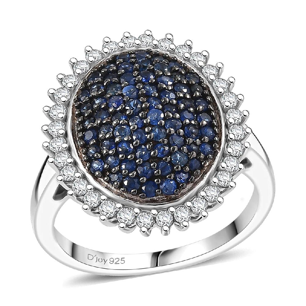 D'Joy Ceylon Blue Sapphire Moissanite Ring in Rhodium Over Sterling Silver 1.85 ctw