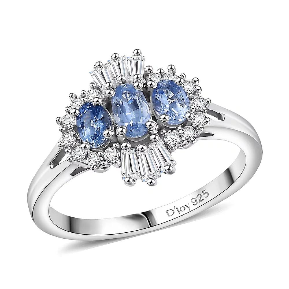 D'Joy Ceylon Blue Sapphire Moissanite Ring in Rhodium Over Sterling Silver 1.00 ctw