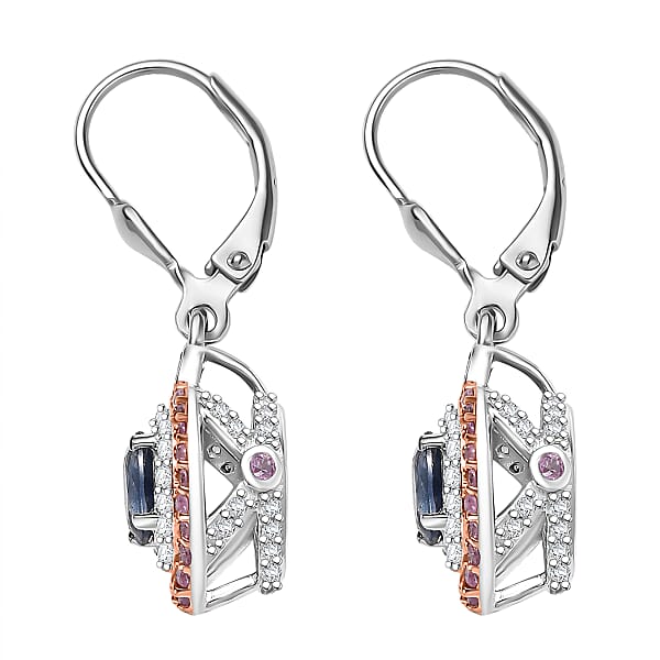 D'Joy Ceylon Blue Sapphire Multi Gemstone Earrings In Rhodium Over Sterling Silver 2.25 Ctw