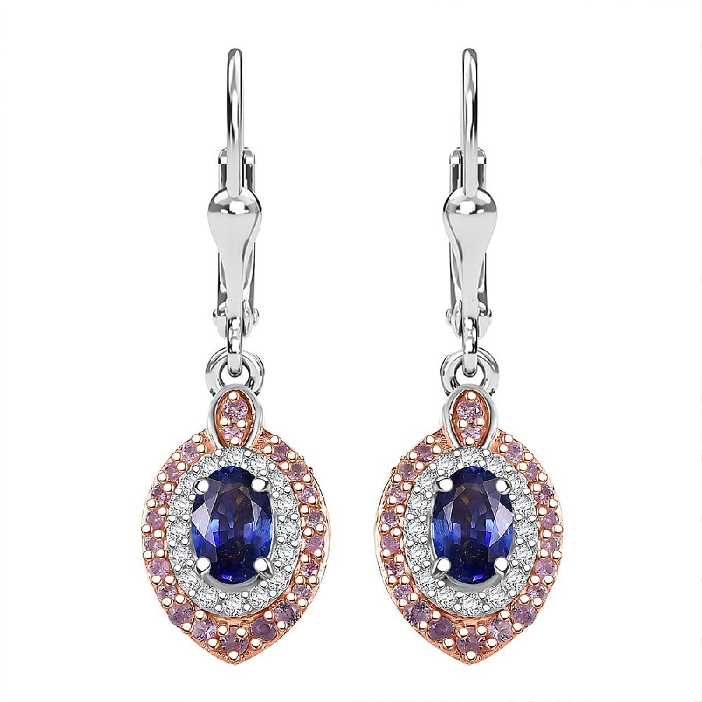 D'Joy Ceylon Blue Sapphire Multi Gemstone Earrings in Rhodium Over Sterling Silver 2.25 ctw
