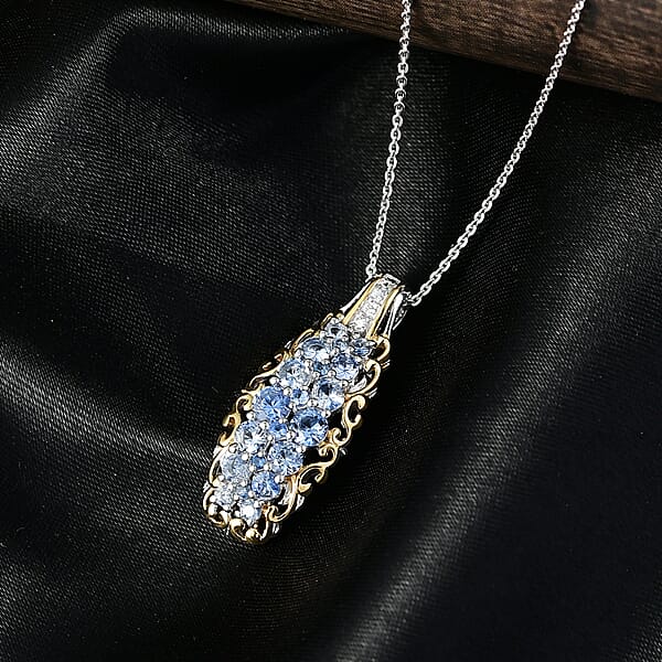 D'Joy Ceylon Blue Sapphire White Zircon Pendant Necklace In 18K Vermeil YG And Rhodium Over Sterling Silver 1.90 Ctw (20 Inches)