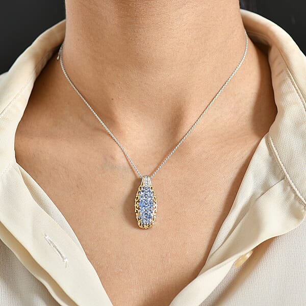 D'Joy Ceylon Blue Sapphire White Zircon Pendant Necklace In 18K Vermeil YG And Rhodium Over Sterling Silver 1.90 Ctw (20 Inches)