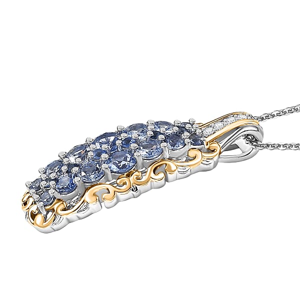 D'Joy Ceylon Blue Sapphire White Zircon Pendant Necklace In 18K Vermeil YG And Rhodium Over Sterling Silver 1.90 Ctw (20 Inches)