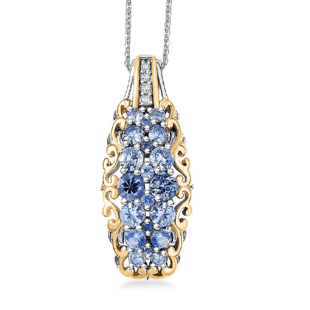 D'Joy Ceylon Blue Sapphire White Zircon Pendant Necklace in 18K Vermeil YG and Rhodium Over Sterling Silver 1.90 ctw (20 Inches)