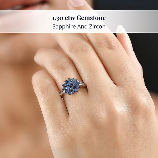 D'Joy Ceylon Blue Sapphire White Zircon Royal Bloom Ring In Rhodium Over Sterling Silver 1.30 Ctw